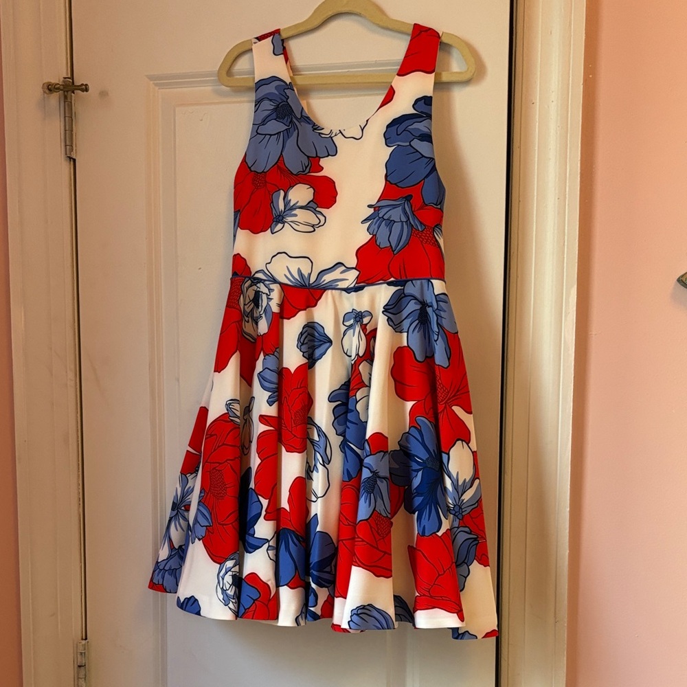 Elegant Twirl Floral Kids Dress in Red, Blue, and White